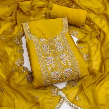 yellow  embroidered viscose satin unstitched dress material  1