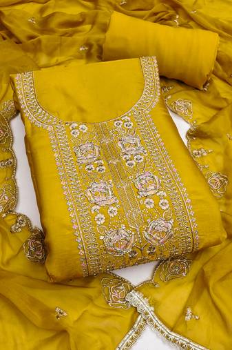 yellow  embroidered viscose satin unstitched dress material 