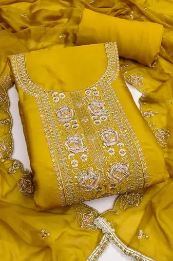 yellow  embroidered viscose satin unstitched dress material 