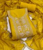 yellow  embroidered viscose satin unstitched dress material 