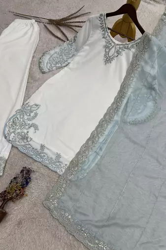 Blue pure maska cotton embroidered palazzo suit set