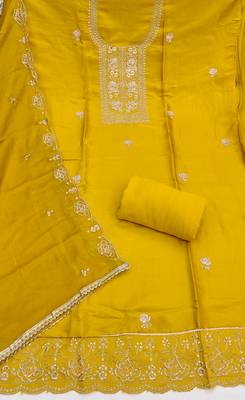 yellow  embroidered viscose satin unstitched dress material  2
