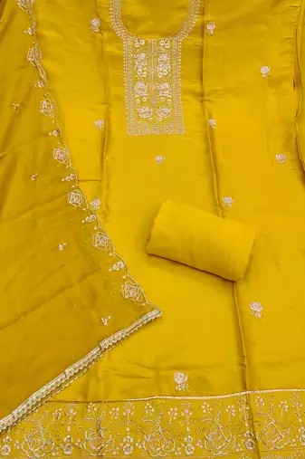 yellow  embroidered viscose satin unstitched dress material 