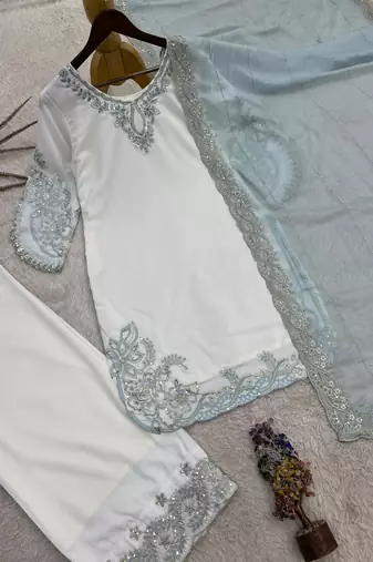 Blue pure maska cotton embroidered palazzo suit set