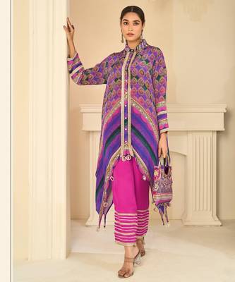 Purple natural crepe silk blend top pant set with handbag 1