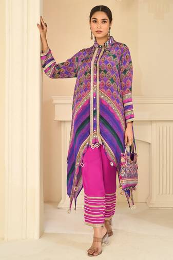 Purple natural crepe silk blend top pant set with handbag