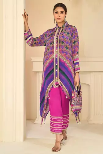 Purple natural crepe silk blend top pant set with handbag