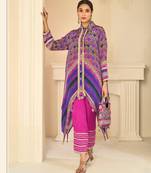 Purple natural crepe silk blend top pant set with handbag