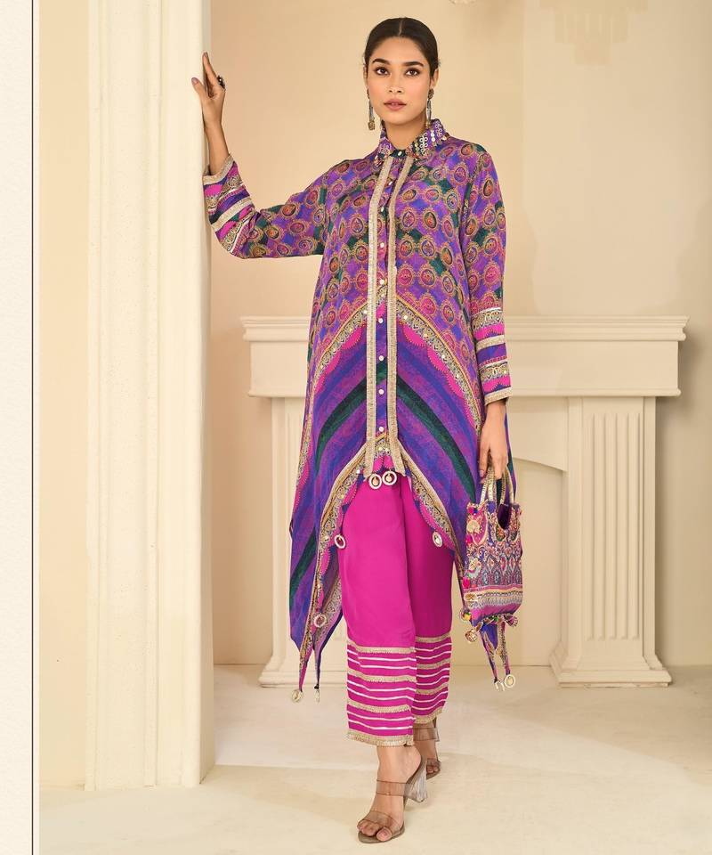 Purple natural crepe silk blend top pant set with handbag
