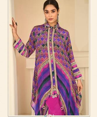 Purple natural crepe silk blend top pant set with handbag 2