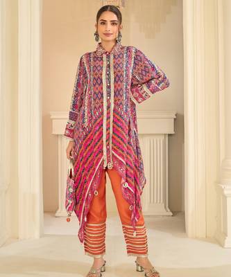 Orange natural crepe silk blend top pant set with handbag 1