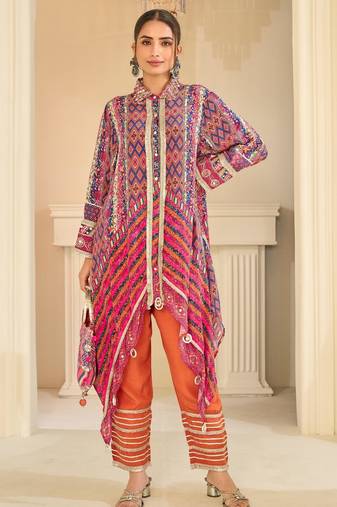 Orange natural crepe silk blend top pant set with handbag