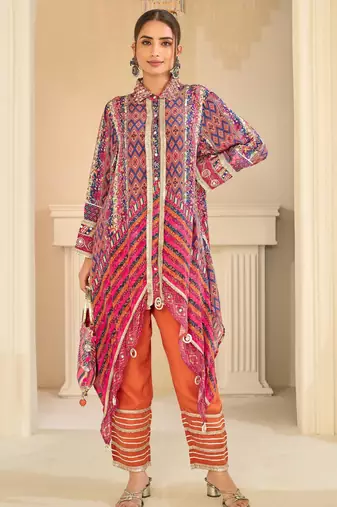 Orange natural crepe silk blend top pant set with handbag