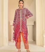 Orange natural crepe silk blend top pant set with handbag