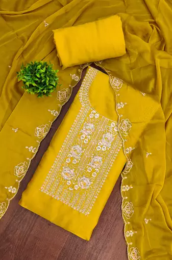 yellow  embroidered viscose satin unstitched dress material 