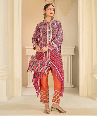 Orange natural crepe silk blend top pant set with handbag 2