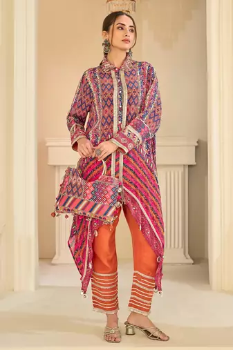 Orange natural crepe silk blend top pant set with handbag