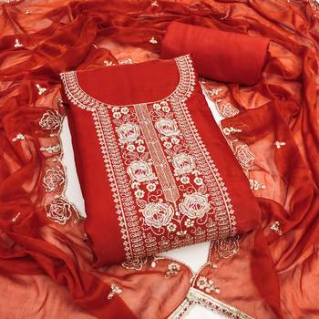 rust embroidered viscose satin unstitched dress material  1