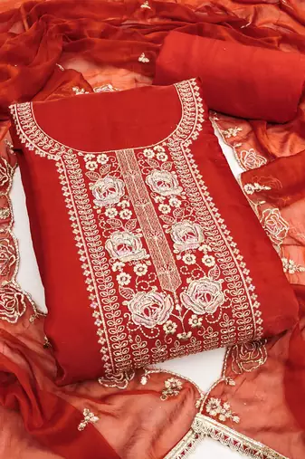 rust embroidered viscose satin unstitched dress material 