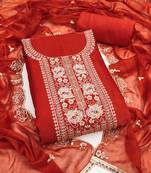 rust embroidered viscose satin unstitched dress material 