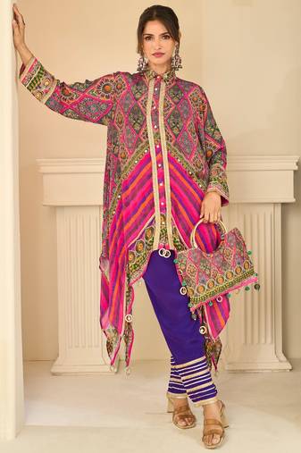 Pink natural crepe silk blend top pant set with handbag