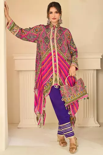 Pink natural crepe silk blend top pant set with handbag
