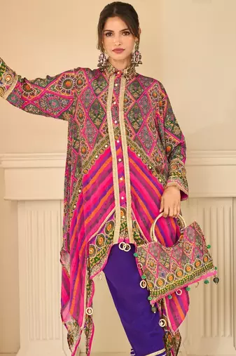 Pink natural crepe silk blend top pant set with handbag