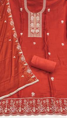 rust embroidered viscose satin unstitched dress material  2