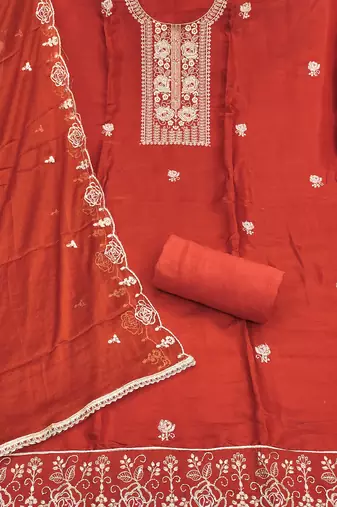 rust embroidered viscose satin unstitched dress material 