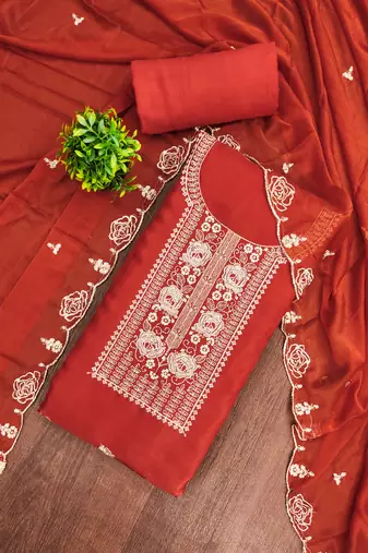 rust embroidered viscose satin unstitched dress material 