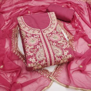 pink embroidered p v silk blend unstitched dress material  1