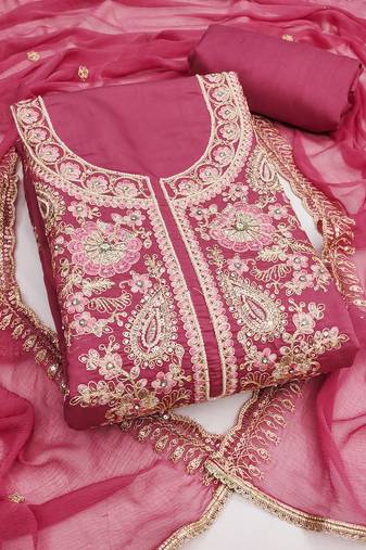 pink embroidered p v silk blend unstitched dress material 