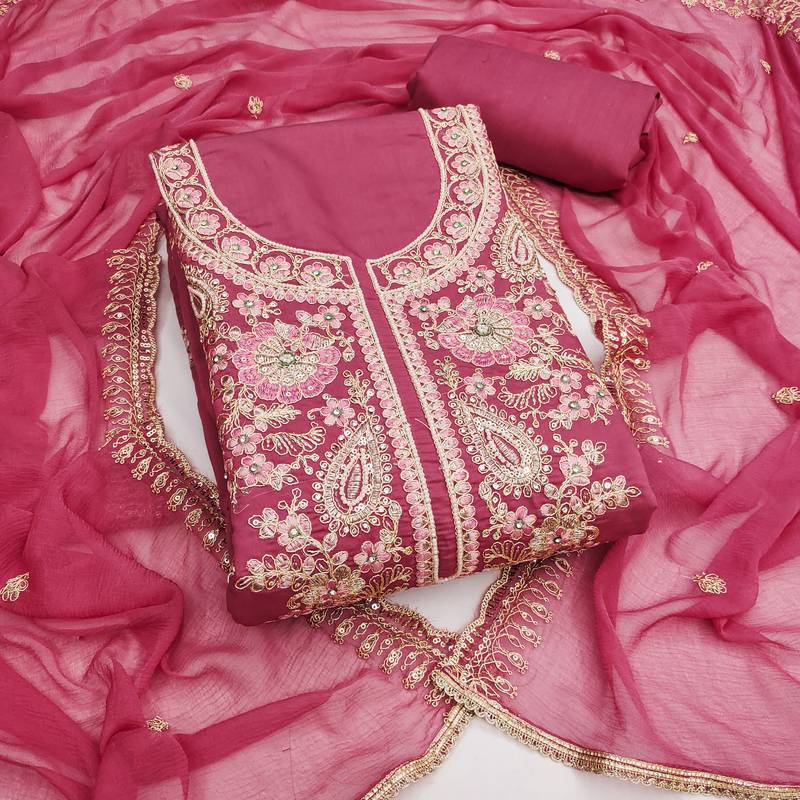 pink embroidered p v silk blend unstitched dress material 