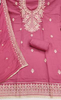 pink embroidered p v silk blend unstitched dress material  2