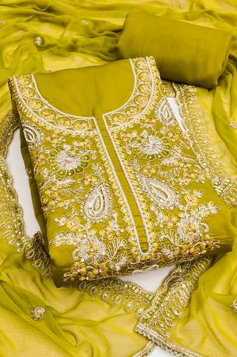 yellow embroidered p v silk blend unstitched dress material 