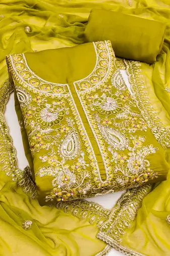 yellow embroidered p v silk blend unstitched dress material 