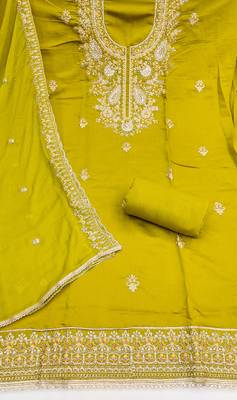 yellow embroidered p v silk blend unstitched dress material  2