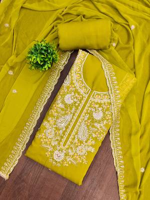 yellow embroidered p v silk blend unstitched dress material  4