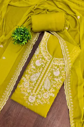 yellow embroidered p v silk blend unstitched dress material 
