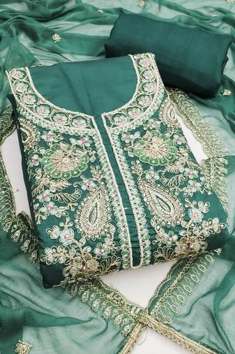 sea green embroidered p v silk blend unstitched dress material 