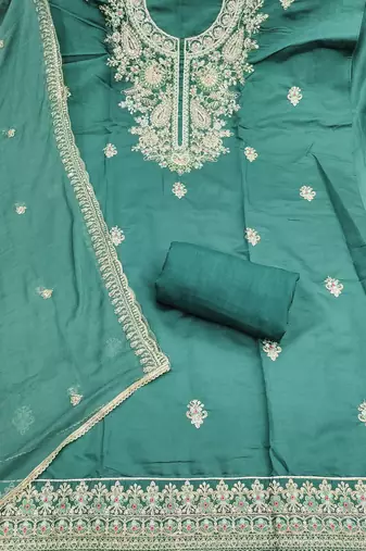 sea green embroidered p v silk blend unstitched dress material 