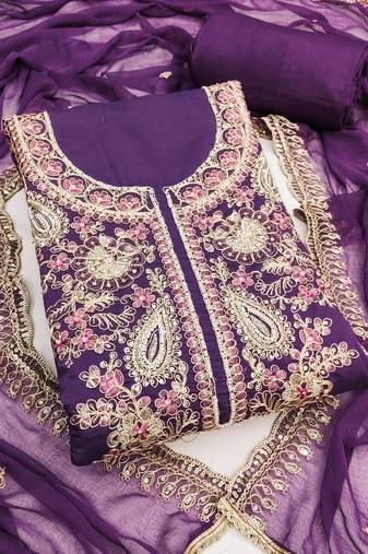 lavender embroidered p v silk blend unstitched dress material 