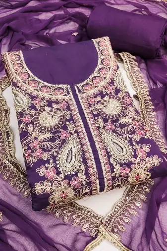 lavender embroidered p v silk blend unstitched dress material 