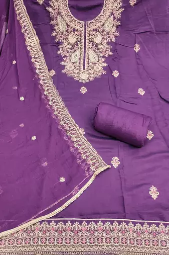 lavender embroidered p v silk blend unstitched dress material 