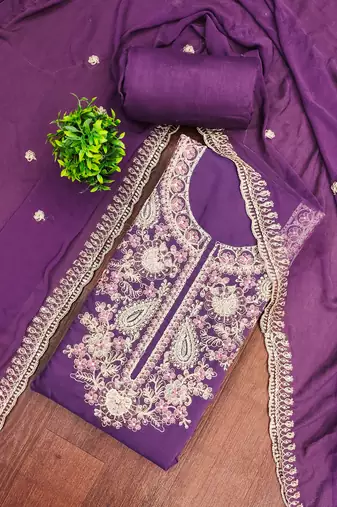 lavender embroidered p v silk blend unstitched dress material 