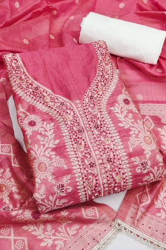 pink weaved silk blend  blend unstitched dress material 