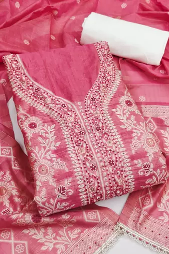 pink weaved silk blend  blend unstitched dress material 