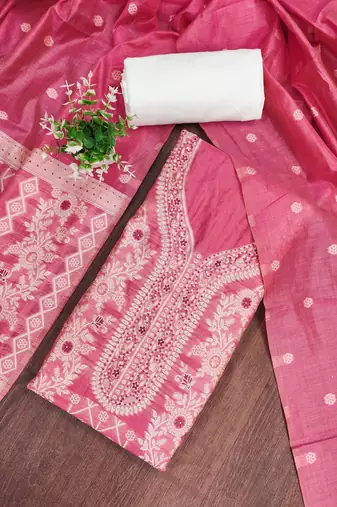 pink weaved silk blend  blend unstitched dress material 