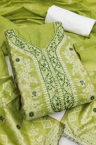 green weaved silk blend  blend unstitched dress material 