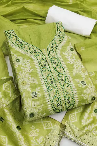 green weaved silk blend  blend unstitched dress material 